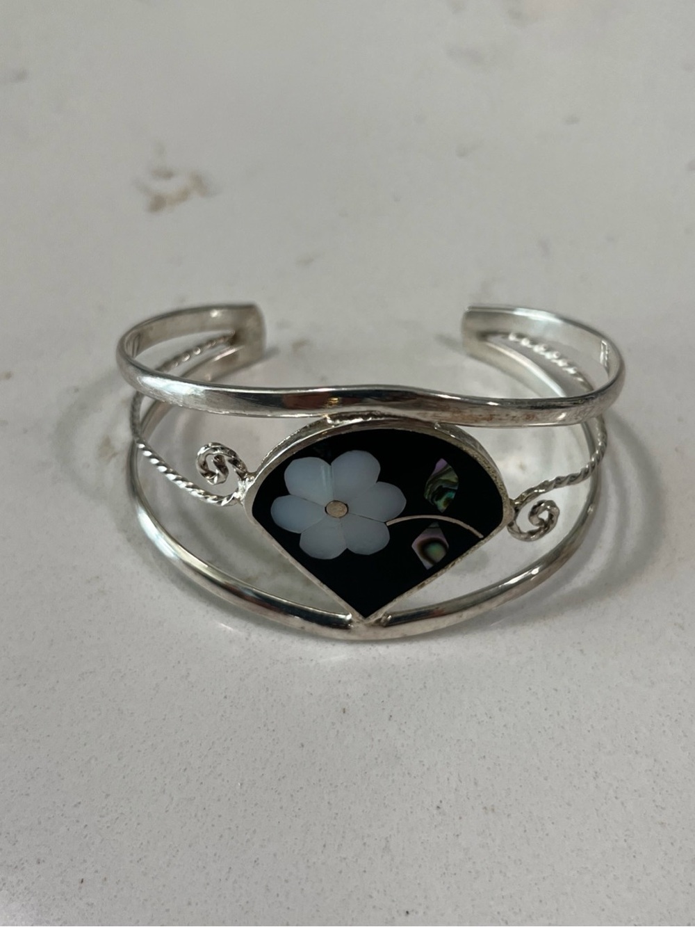 Sterling Silver vintage MOP Abalone Alpaca Inlay Cuff Bracelet